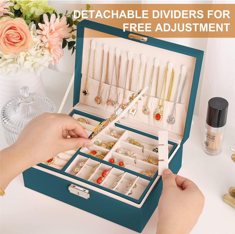 Sanikeon Jewelry Organizer Box Leather Jewelry Box for Girls Womens Earring Organizer with Lock Double Layers Jewelry Case Removable Tray for Necklace Earring Ring with Polishing Cloth and Jewelry Bags - Image 3
